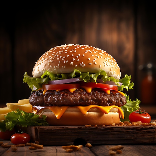 Tasty looking hamburger on wooden table