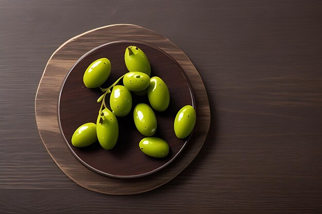 Tasty looking olives extra virgin olive oil and olive leafs on dark wooden background