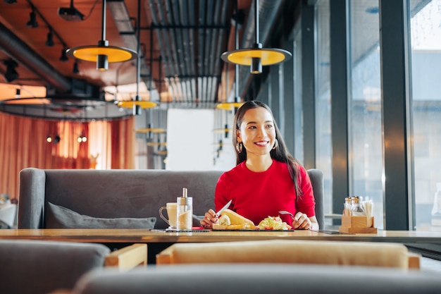 Tasty lunch. Beaming woman with red lips feeling relieved while eating tasty lunch in restaurant