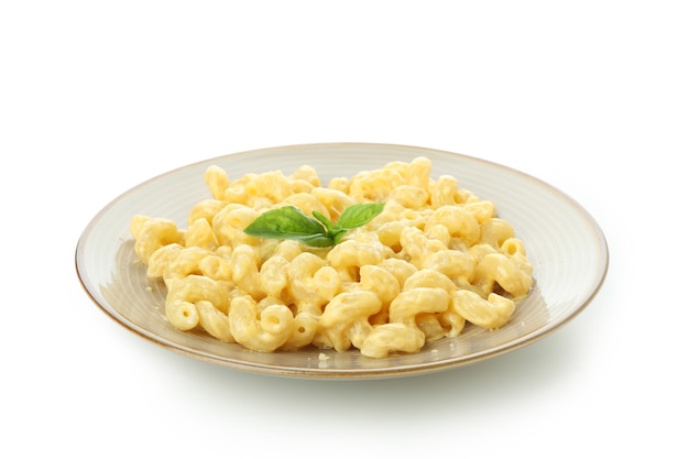 Tasty macaroni and cheese isolated on white background