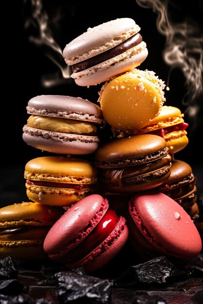 Photo tasty macarons on dark background