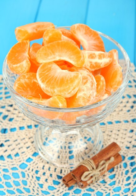 Tasty mandarine's slices in glass bowl on blue background