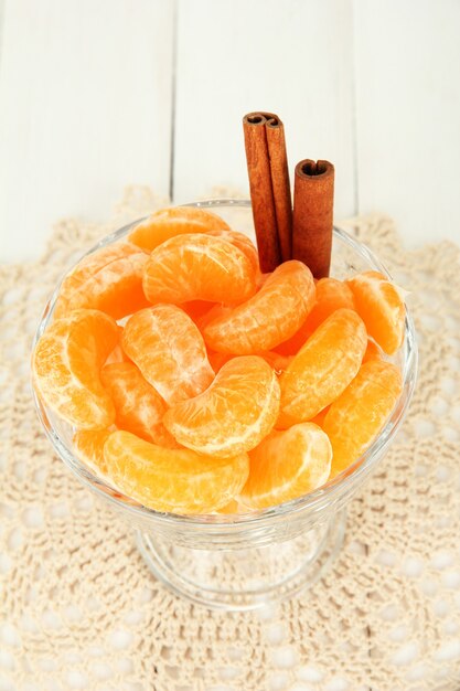 Tasty mandarine's slices in glass bowl on light background