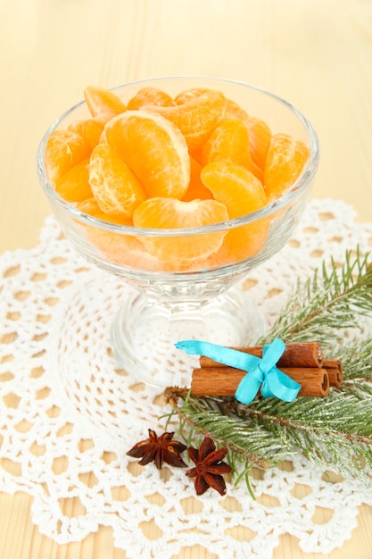 Tasty mandarine's slices in glass bowl