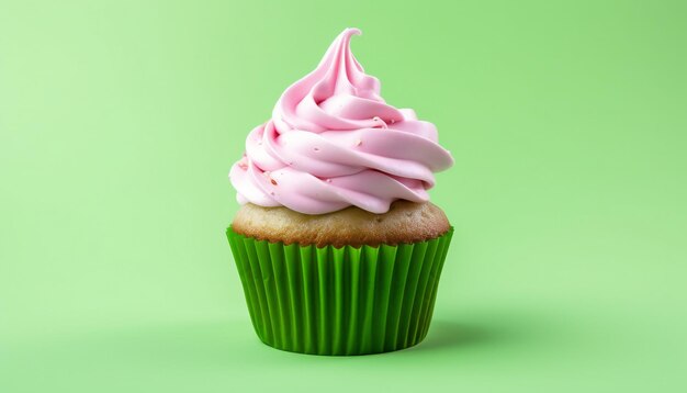 Tasty matcha cupcake on pink background