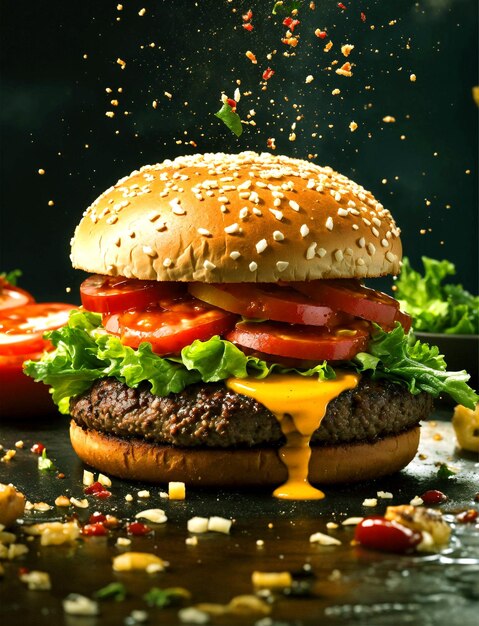 tasty meat burger with cheese and salad on dark background