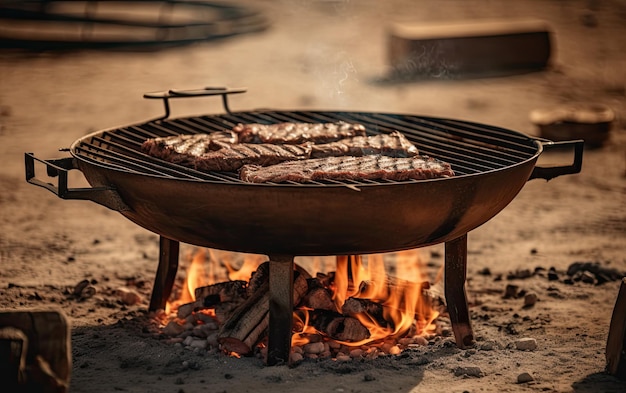 Tasty meat steaks cooking over the grill in outdoor