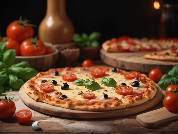 Tasty mixed ingredient pizza with olives and tomatoes on table