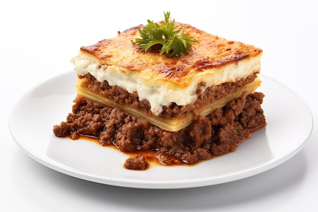 Tasty mousaka typical arabic dish isolated on white background