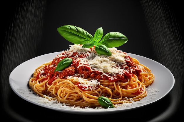 Tasty mouthwatering traditional spaghetti pasta topped with tomato sauce parmesan cheese and fresh basil