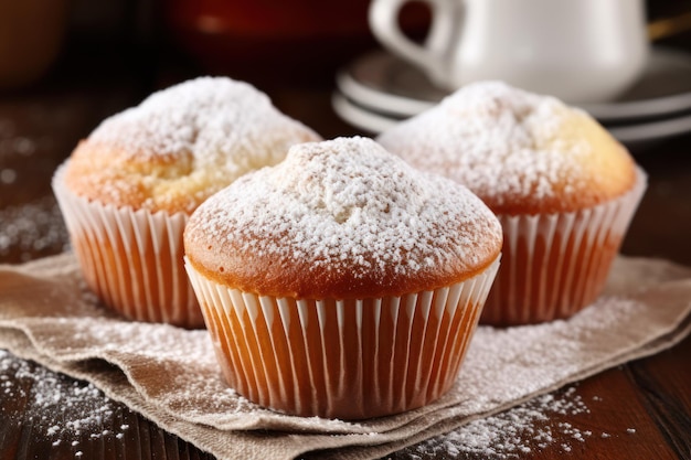 Tasty muffins powdered with sugar on wooden table closeup