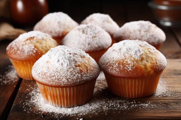 Tasty muffins powdered with sugar on wooden table closeup