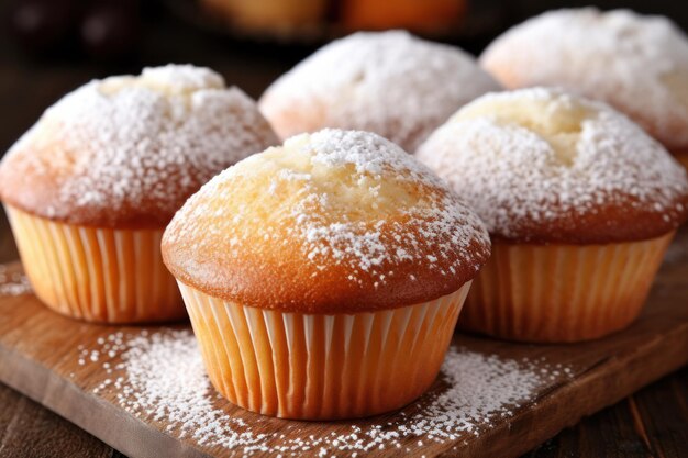 Tasty muffins powdered with sugar on wooden table closeup