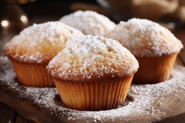 Tasty muffins powdered with sugar on wooden table closeup