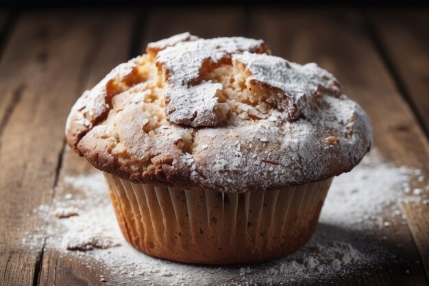 Tasty muffins powdered with sugar on wooden table closeup