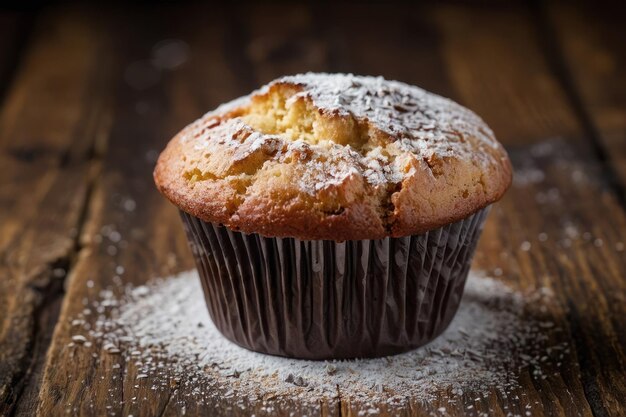 Tasty muffins powdered with sugar on wooden table closeup