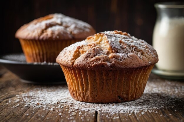 Tasty muffins powdered with sugar on wooden table closeup