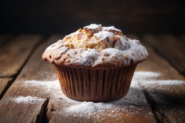 Tasty muffins powdered with sugar on wooden table closeup