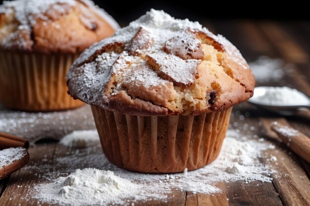 Tasty muffins powdered with sugar on wooden table closeup