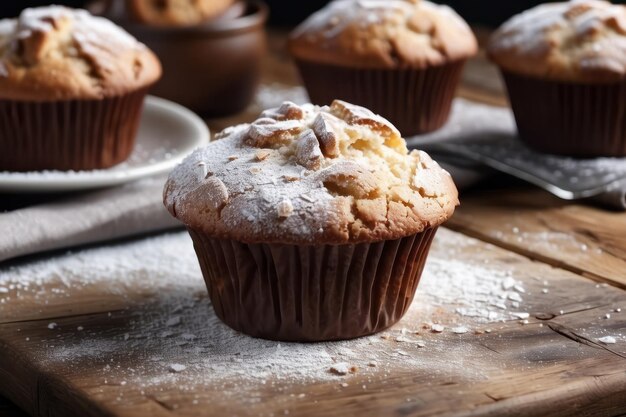 Tasty muffins powdered with sugar on wooden table closeup