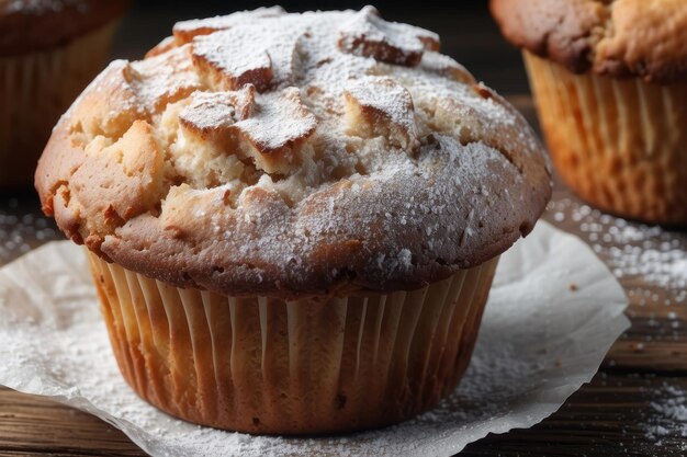 Tasty muffins powdered with sugar on wooden table closeup