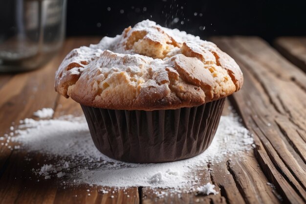 Tasty muffins powdered with sugar on wooden table closeup