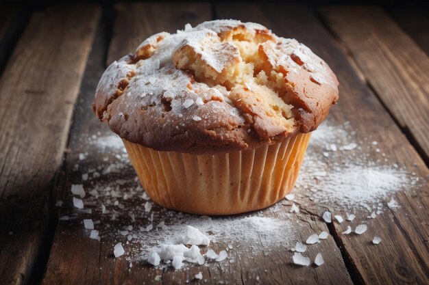 Tasty muffins powdered with sugar on wooden table closeup