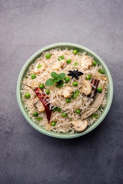 Tasty mushroom or mashroom rice or pulav or pilaf or pulao or biryani served in a bowl or plate, selective focus