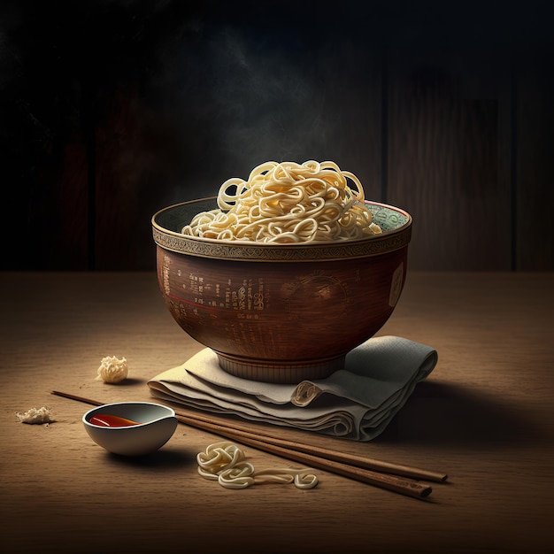 Tasty noodles in a bowl with dark background