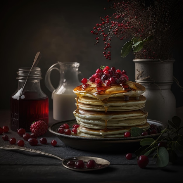 Tasty pancakes with cranberry stack generative ai