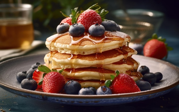 Tasty Pancakes with Maple Syrup Fresh Strawberries and Blueberries AI generate