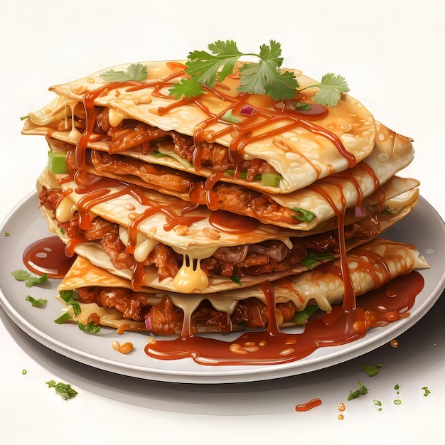 Tasty pancakes with meat and sauce on a white background 3d rendering