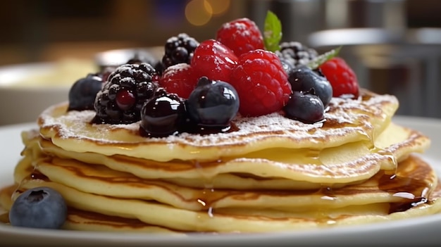 Tasty pancakes with syrup and berries on a plate at a restaurant or cafe Generated AI