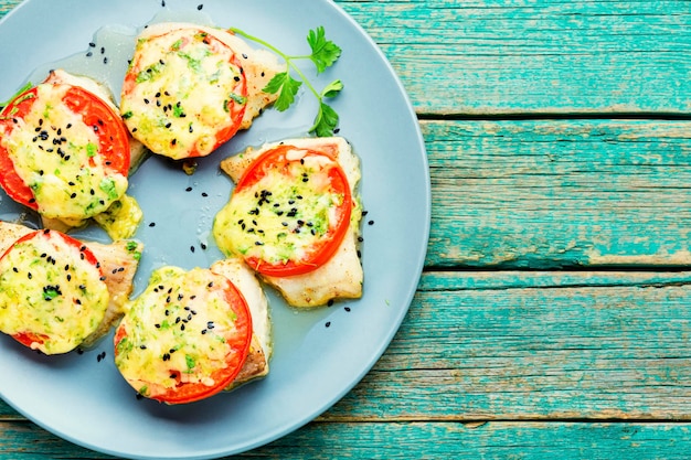 Tasty pangasius baked with cheese