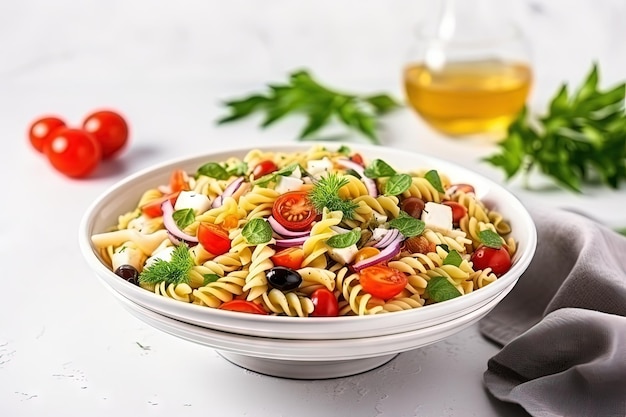 Tasty pasta salad and ingredients on light background served on a plate and bowl