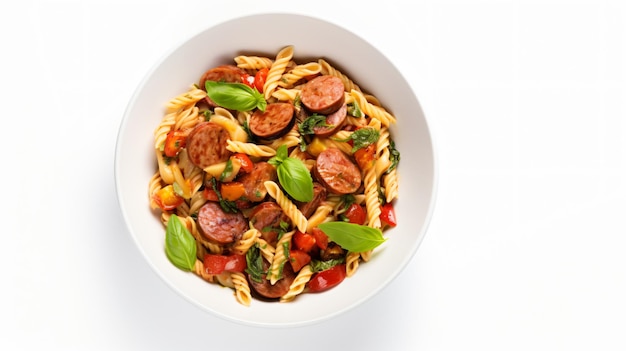 Tasty pasta with smoked sausage tomatoes and basil