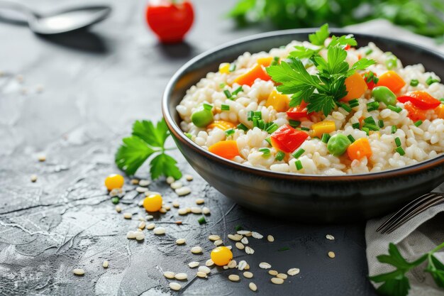 Tasty pearl barley porridge with vegetables on light textured table