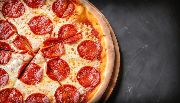 Tasty pepperoni pizza on black concrete background