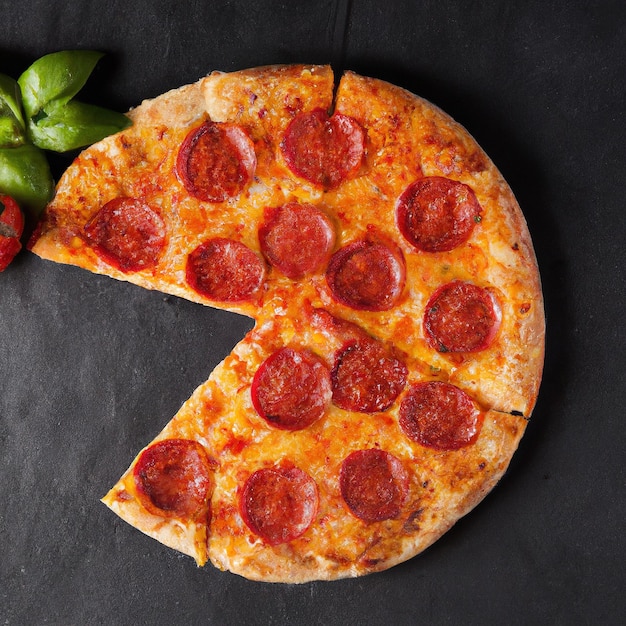 Tasty pepperoni pizza and cooking ingredients tomatoes basil on black concrete background Top view