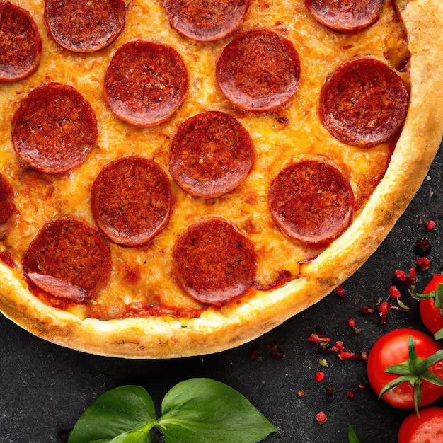 Tasty pepperoni pizza and cooking ingredients tomatoes basil on black concrete background Top view