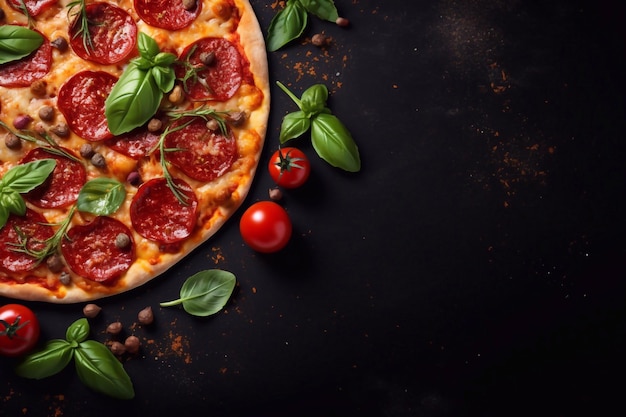 美味しいペペロニピザと調理原料 トマト・バジルは黒いコンクリートの背景にトップビュー