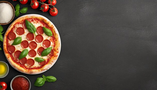 Foto pizza di pepperoni gustosa e ingredienti per la cottura pomodori basilico su sfondo di cemento nero