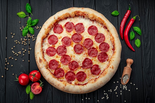Вкусная пицца пепперони и ингредиенты для приготовления томатов с базиликом