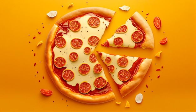 Tasty pepperoni pizza and cooking ingredients tomatoes on orange background Top view of hot pepperon