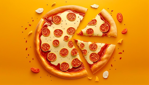 Tasty pepperoni pizza and cooking ingredients tomatoes on orange background top view of hot pepperon