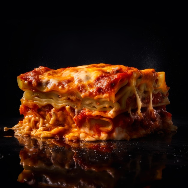 Tasty piece of appetizing lasagna on the glossy surface Traditional Italian homemade cuisine at black backdrop Close up Generative AI