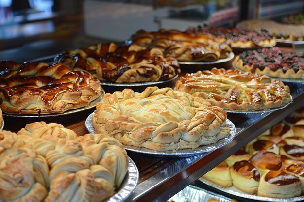 Foto torte e torte gustose sugli scaffali della panetteria