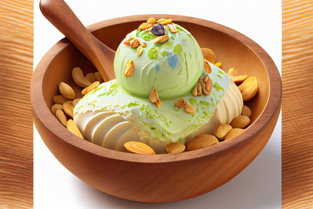 Tasty Pistachio ice cream in wooden bowl