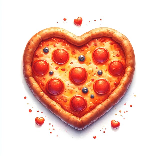 Photo tasty pizza heart shape watercolor paint for food card decor