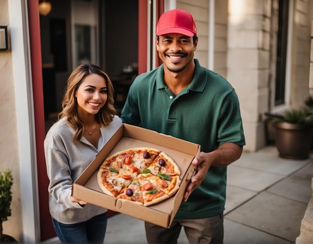 tasty pizza photo box delivery man holding pizza chief food Italian food background 10